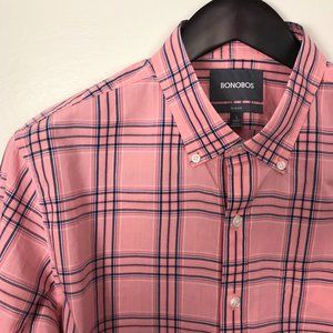 Bonobos Men's Button-Down Casual Shirt, Pink Plaid, Large, Slim/Short Fit